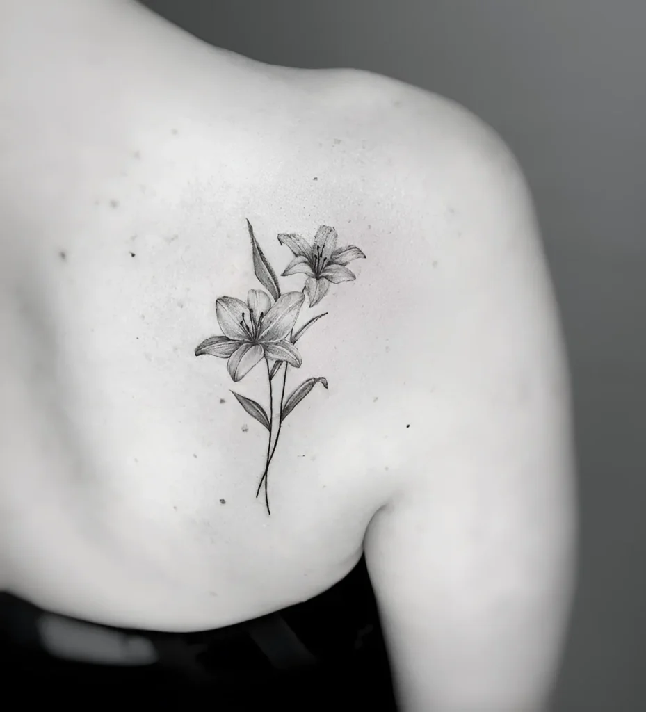 Black and white tattoo of two blooming lilies and a stem on a woman's shoulder blade, done in fine graphic technique.