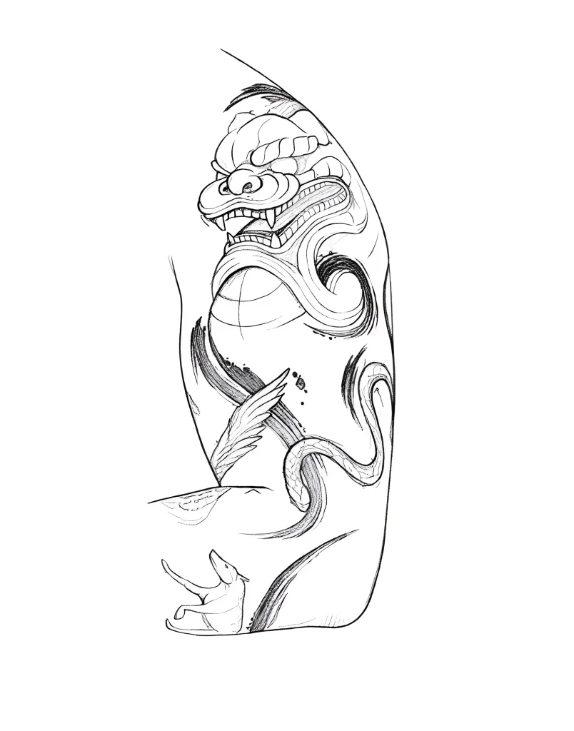 Black and white shoulder tattoo: a mythical creature with an open mouth, entwined with a snake, with a winged beast and a human figure below.