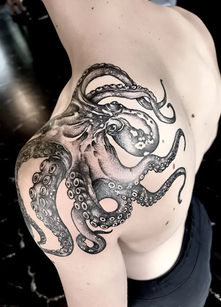 Black and white tattoo of a realistic octopus, covering the shoulder blade and shoulder, with detailed suction cups and an expressive gaze.