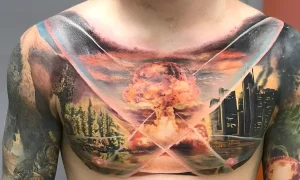 Фотография татуировки на груди мужчины, изображающей реалистичный ядерный взрыв над пейзажем с лесом и городом.