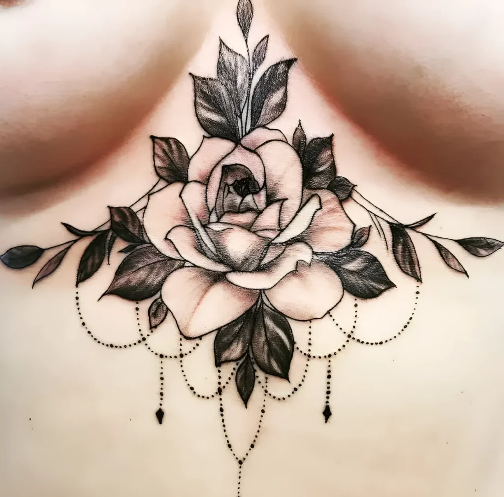 Black and white tattoo of a rose under the female breast, done in dotwork technique with graphic elements, demonstrating smooth lines and emphasis on anatomy