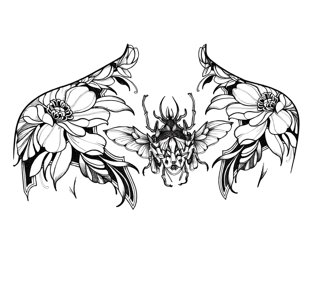 Black and white shoulder tattoo depicting a lotus flower and a scarab beetle, done in graphic style.