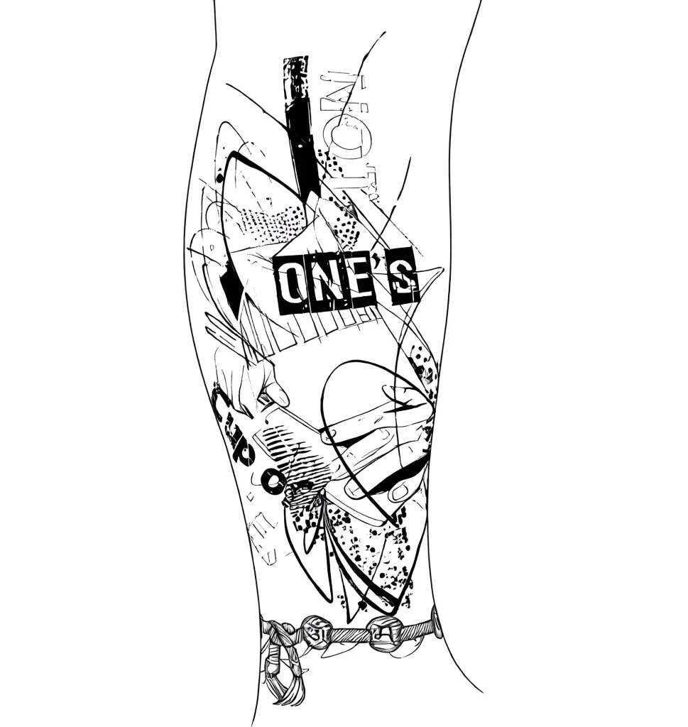 Black and white calf tattoo depicting a skateboard, helmet, wheels, and the word 'ONE'S' in a graphic sketch style.