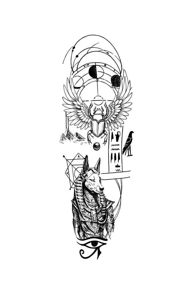 Black and white calf tattoo depicting Anubis, a scarab beetle, pyramids, and the Eye of Horus in a graphic style.
