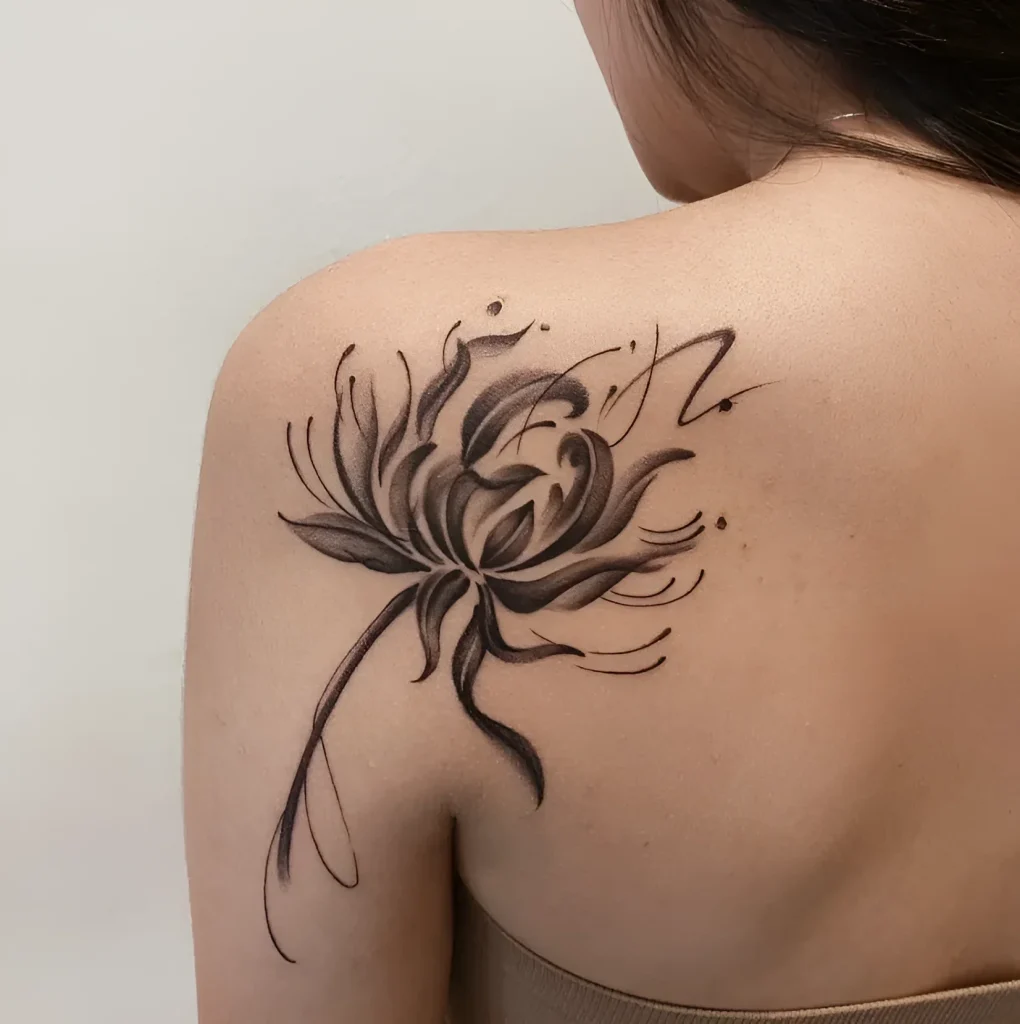 Black and grey lily tattoo on a woman's shoulder blade, done in brush technique with smooth tonal transitions.