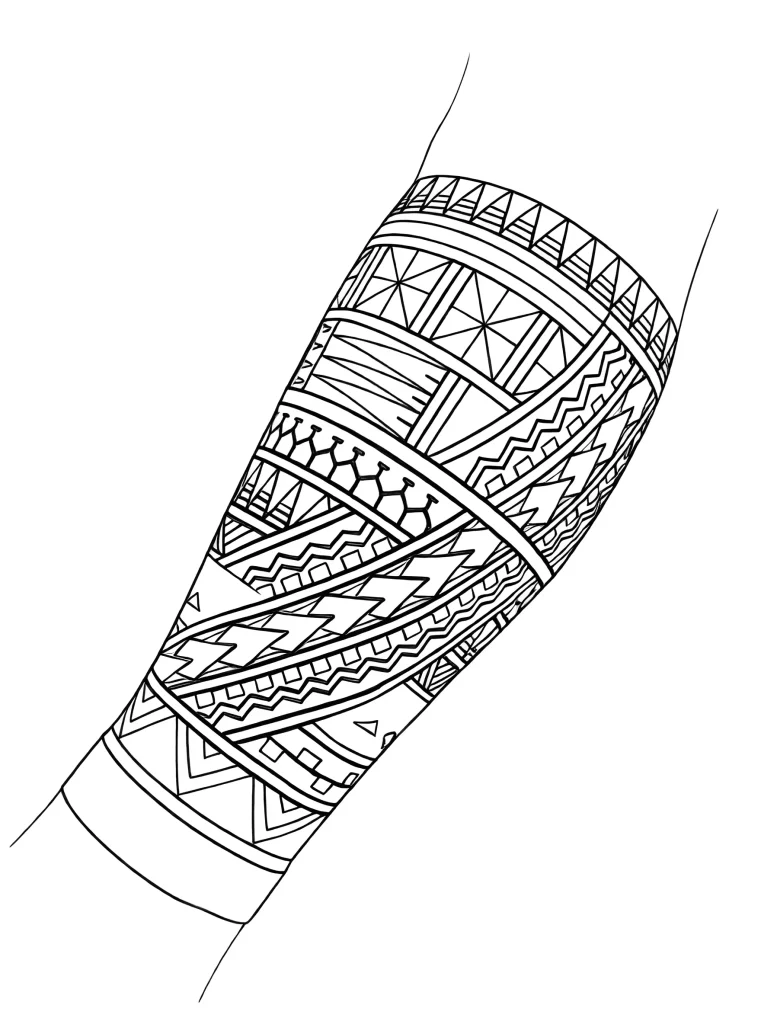 Black and white calf tattoo in Polynesian ornament style, with geometric patterns and symbolic elements.