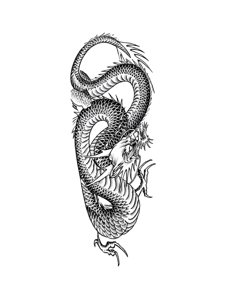 Black and white dragon tattoo wrapping around the calf, with detailed scales and an expressive face.