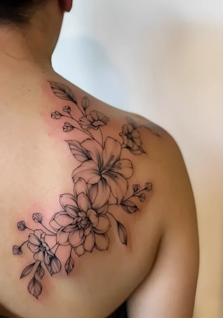Black and white tattoo on the shoulder blade with blooming lilies and delicate wildflowers, done in linework technique.
