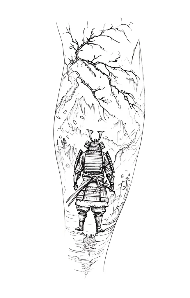 Black and white samurai tattoo on the calf, rear view, against a backdrop of mountains and blooming sakura, graphic style.