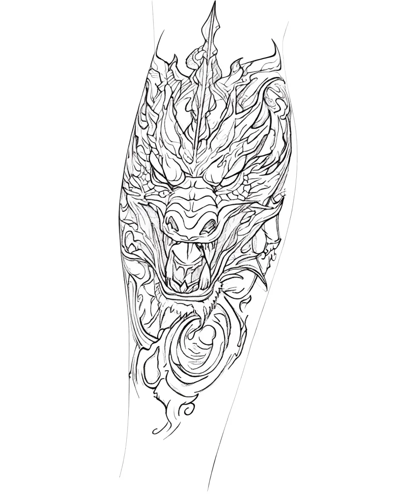 Black and white sketch of a dragon tattoo on the calf, in oriental style, with detailed scales and face.
