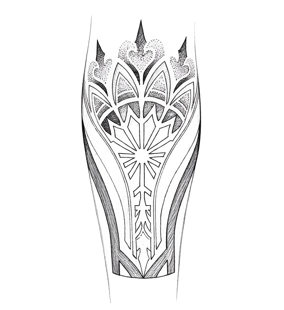 Black and white calf tattoo done in blackwork technique, with geometric ornament and dot shading.
