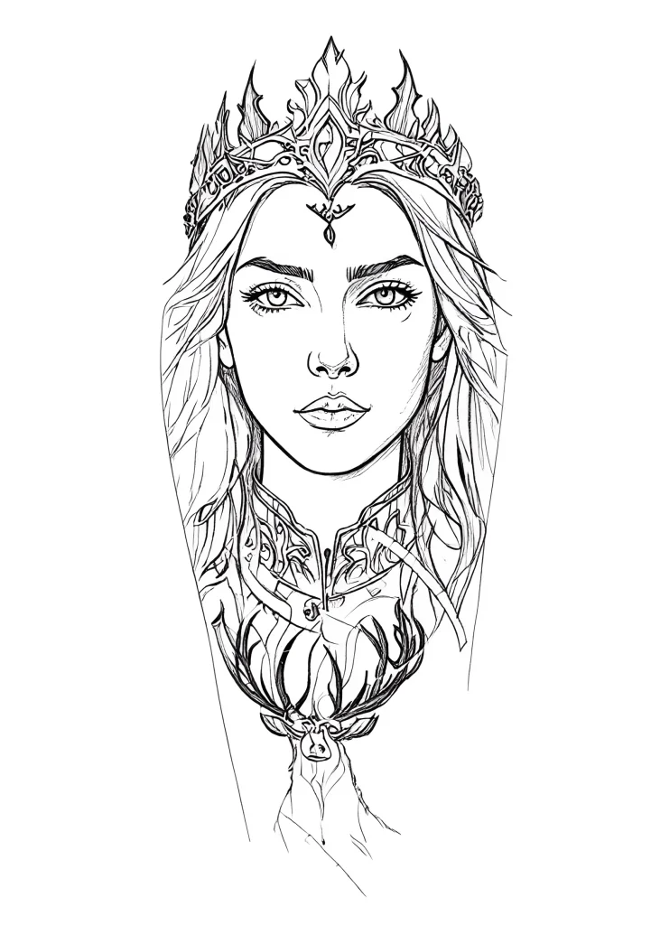 Black and white calf tattoo depicting a girl in a crown and deer antlers, done in a graphic style.