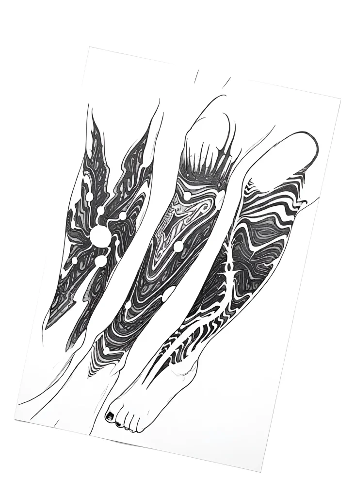 Black and white calf tattoo sketch in biomechanical style with abstract waves and geometric shapes.