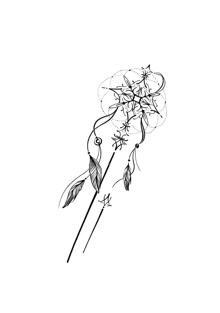 Black and white dreamcatcher tattoo on the calf, done in a graphic style with thin lines and detailed feathers.