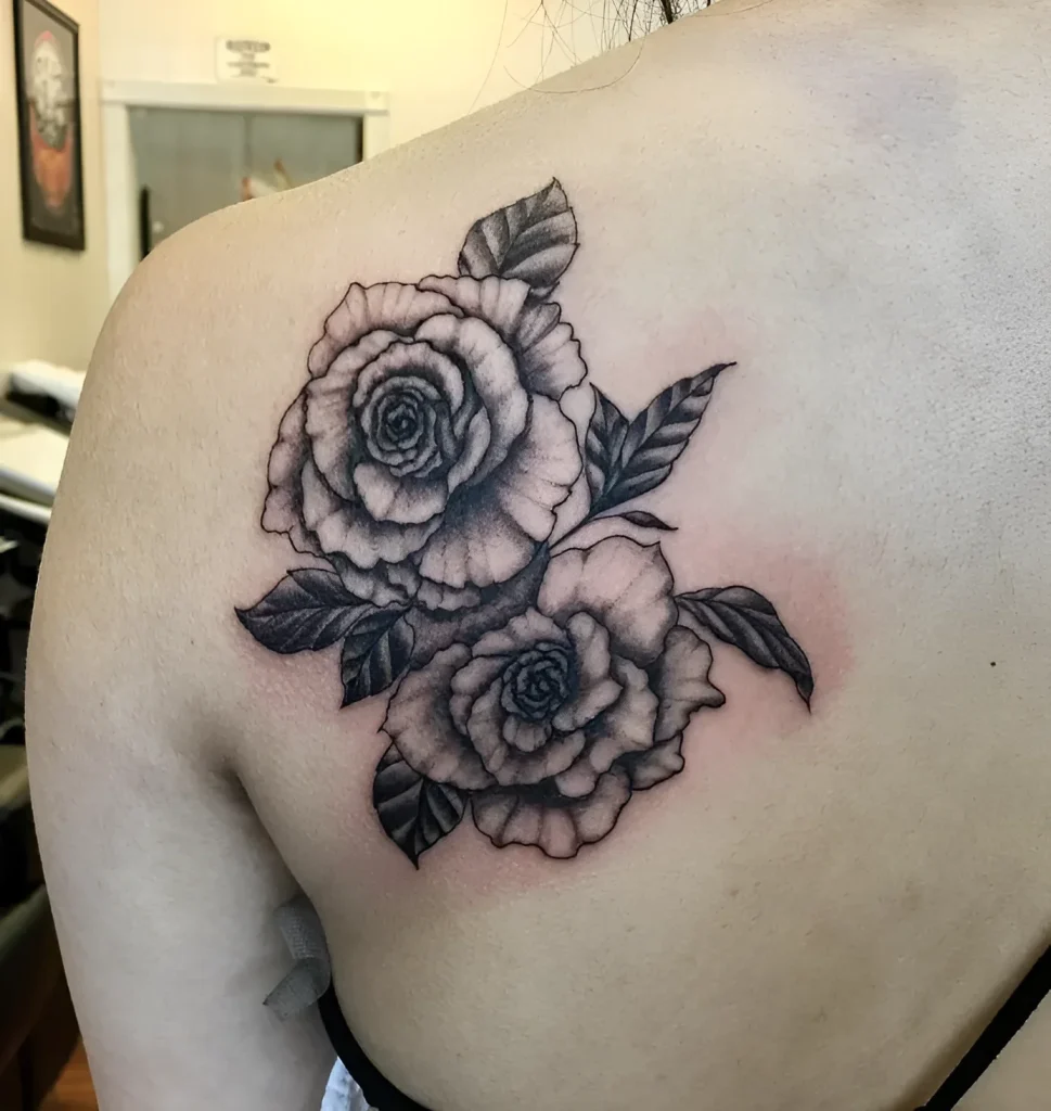 Black and white tattoo of three roses on the shoulder blade, done in dotwork technique with smooth tonal transitions.