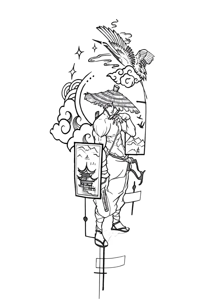 Black and white calf tattoo depicting a samurai in traditional clothing, holding a brush and looking at a landscape in a frame, with a flying crane overhead.