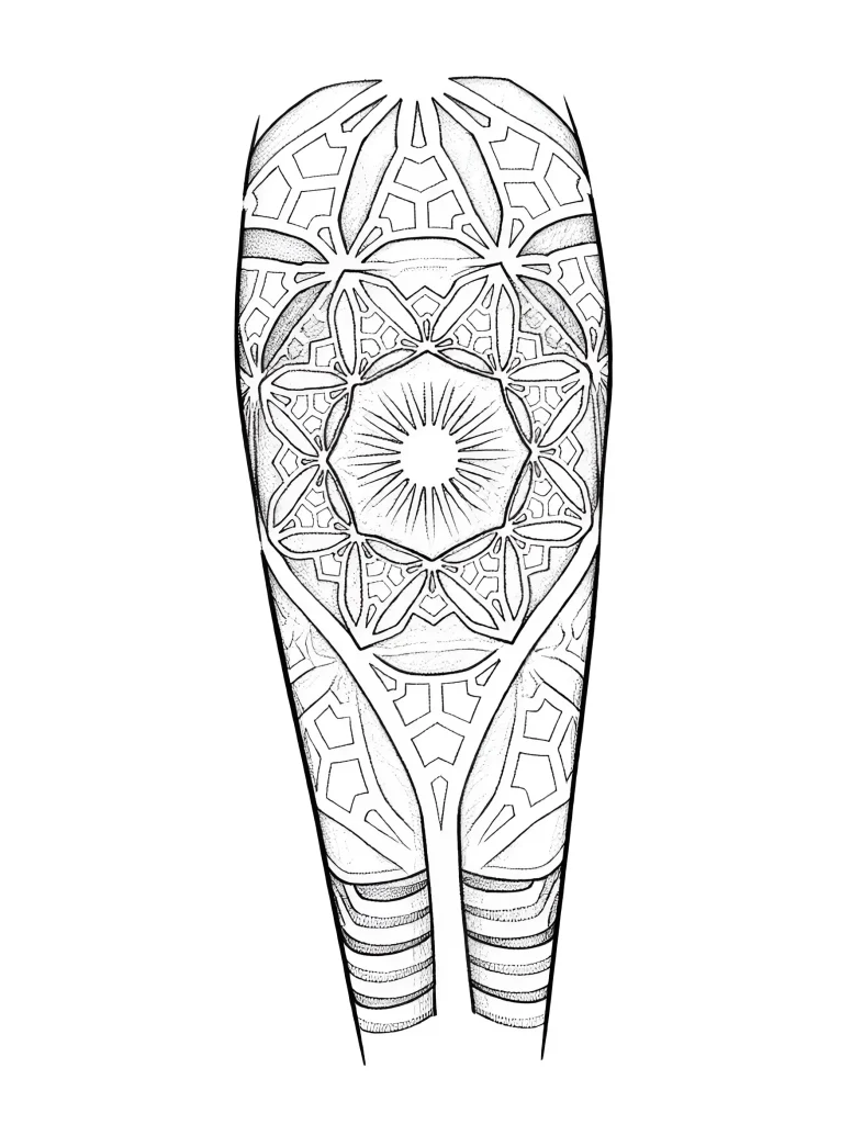 Black and white calf tattoo in geometry and mandala style, with detailed pattern and dot shading.