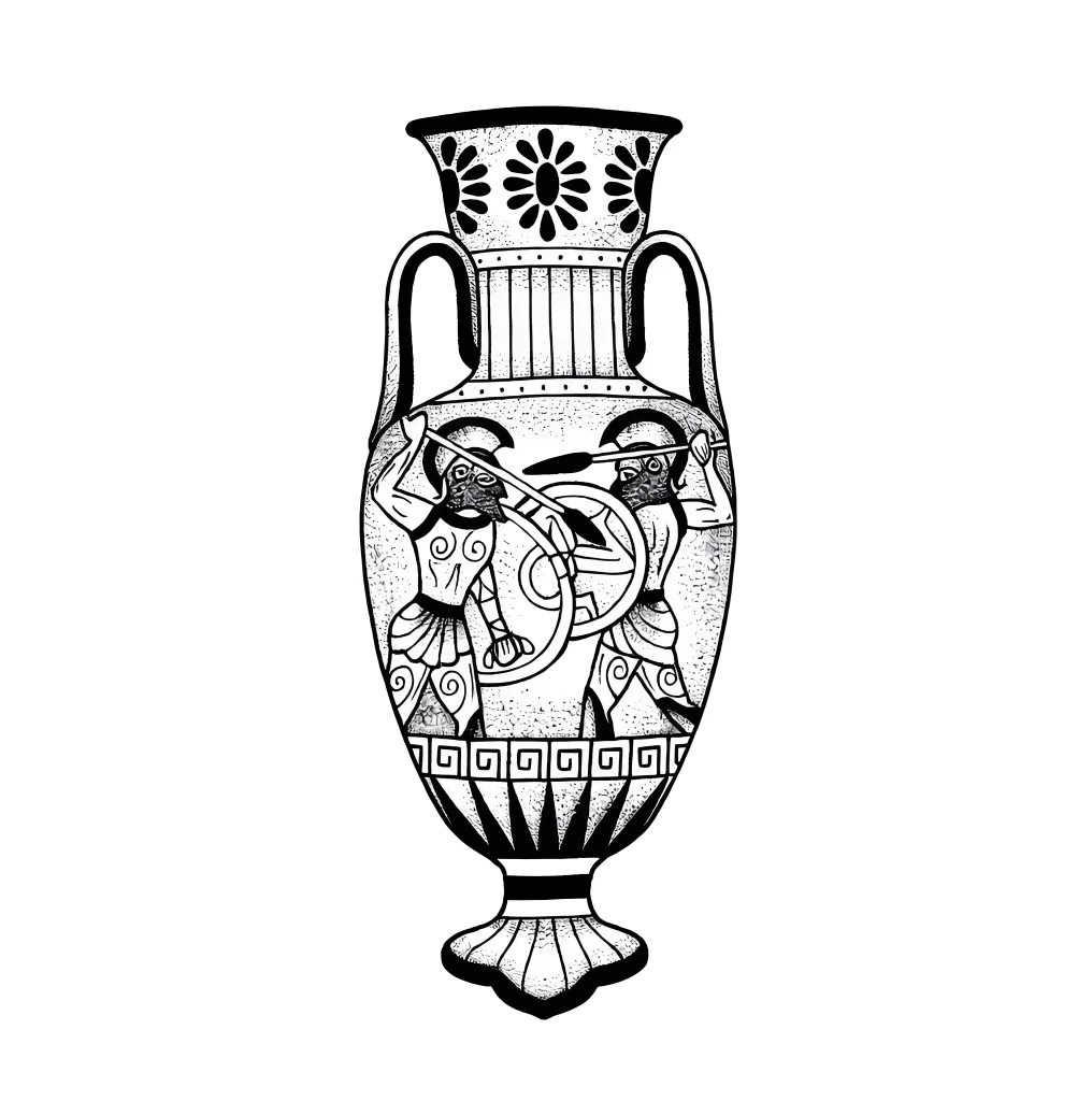 Black and white calf tattoo: depiction of an ancient Greek amphora with an image of a warrior in a helmet, done in dotwork technique.