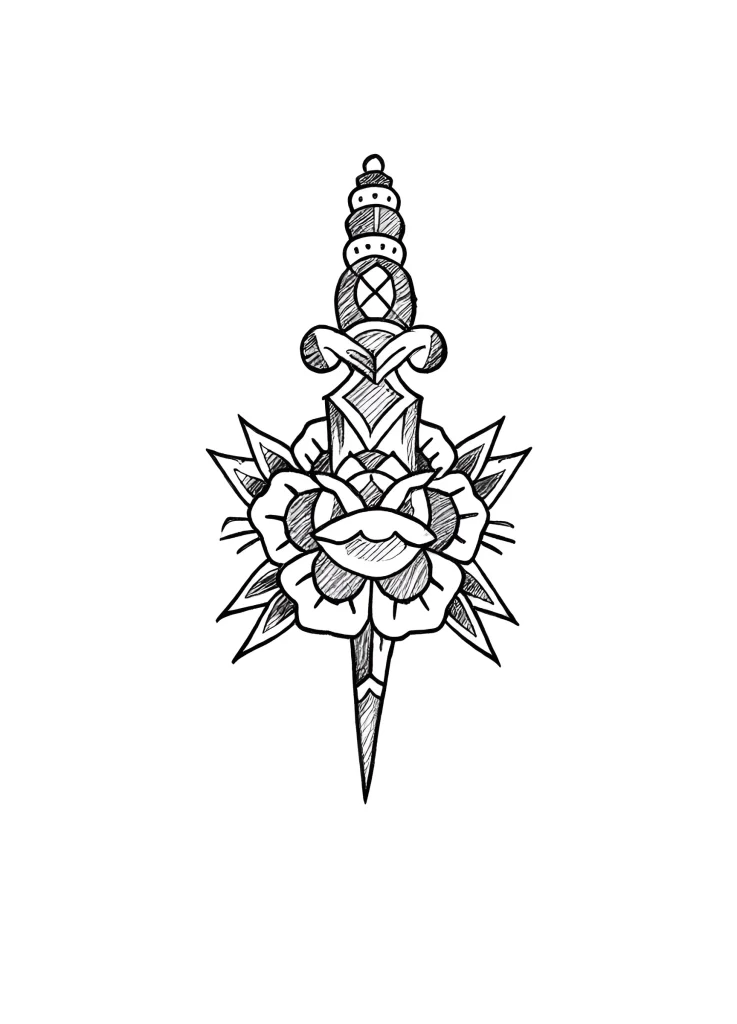 Black and white calf tattoo: stylized dagger piercing a rose, done in old school technique with clear outlines and dots.