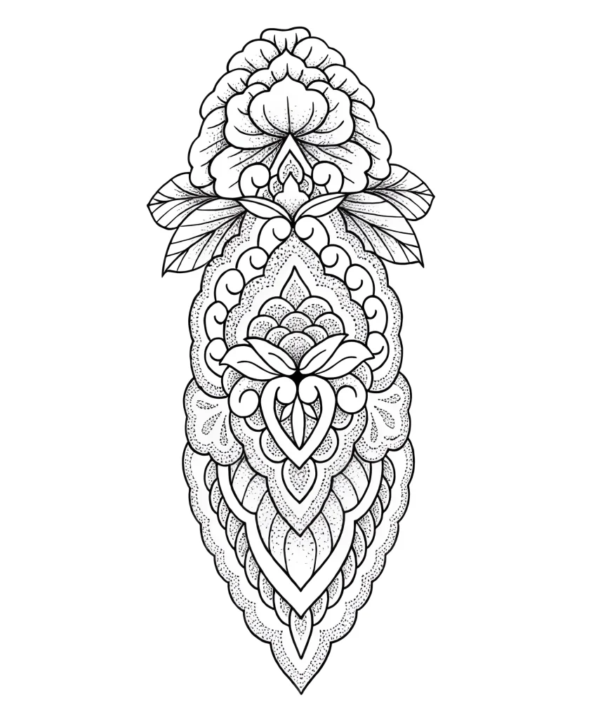 Black and white calf tattoo: stylized rose, done in dotwork technique with geometric patterns.