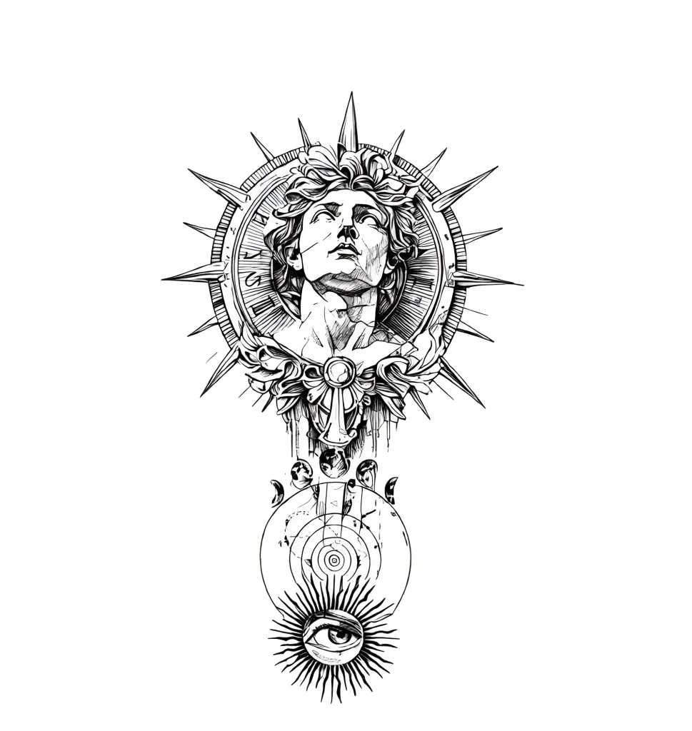 Black and white calf tattoo depicting the profile of an ancient god surrounded by sun rays, a key, and the all-seeing eye.