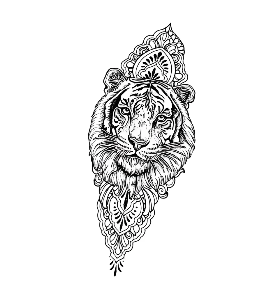 Black and white tiger head tattoo on the calf, done in ornamental graphic style with intricate patterns.
