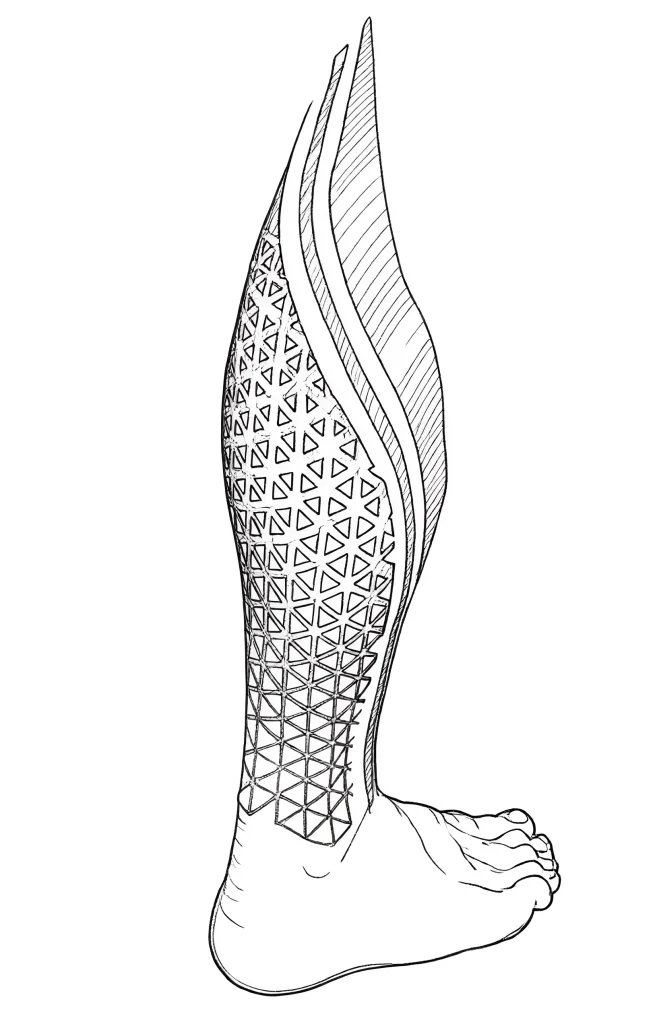 Black and white calf tattoo in geometry style with triangular and linear elements.
