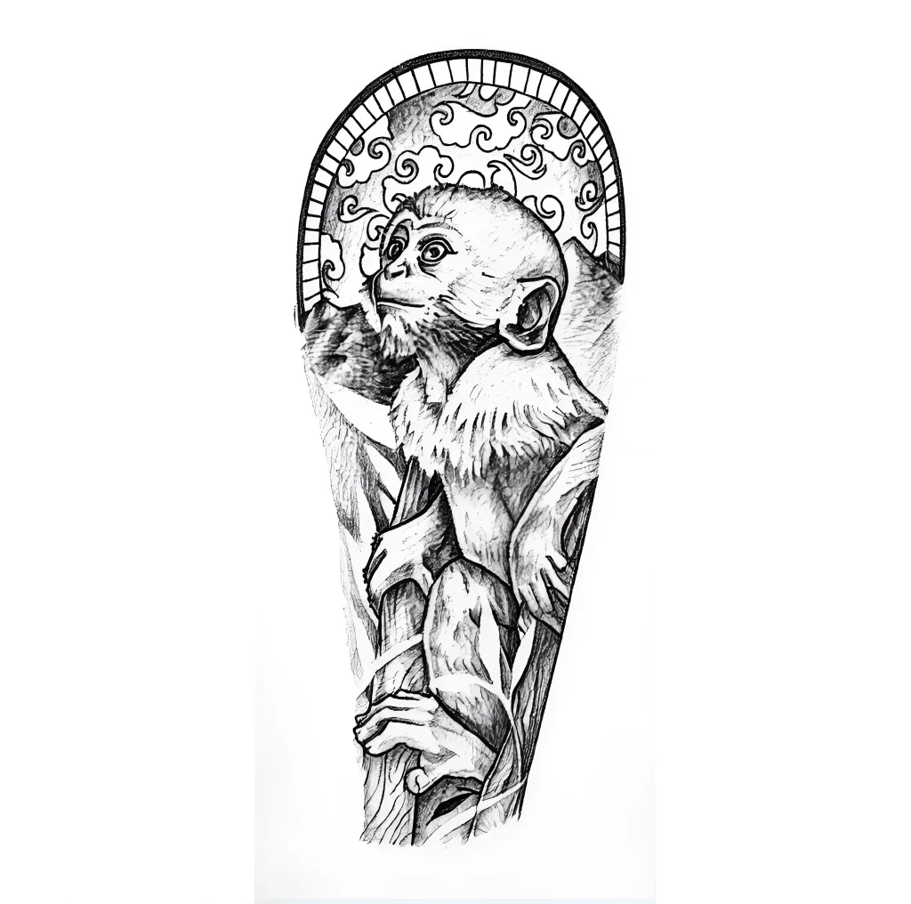 Black and white tattoo of a monkey clinging to a branch, with an arch in the style of an old engraving on the calf.
