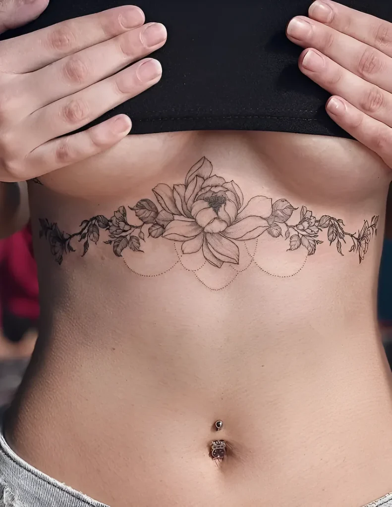 Black and white tattoo of a peony under the female breast, done in realistic graphic technique with added dotwork.