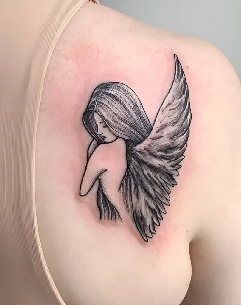 Black and white tattoo on the shoulder blade: an angel with a bowed head and spread wings, done in realistic graphics.