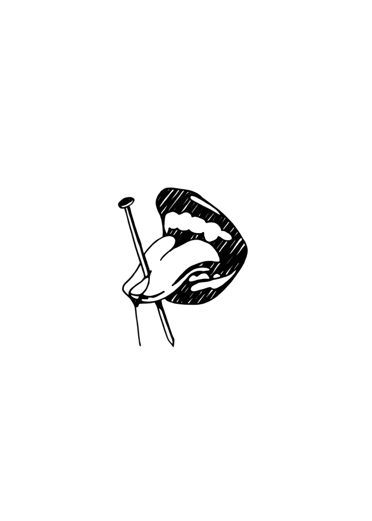 Black and white calf tattoo: stylized lips holding a safety pin, done in a graphic style.