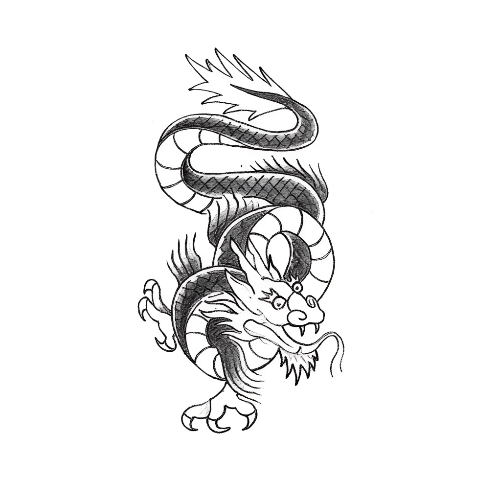 Black and white dragon tattoo wrapping around the calf, with detailed scales and an expressive face.