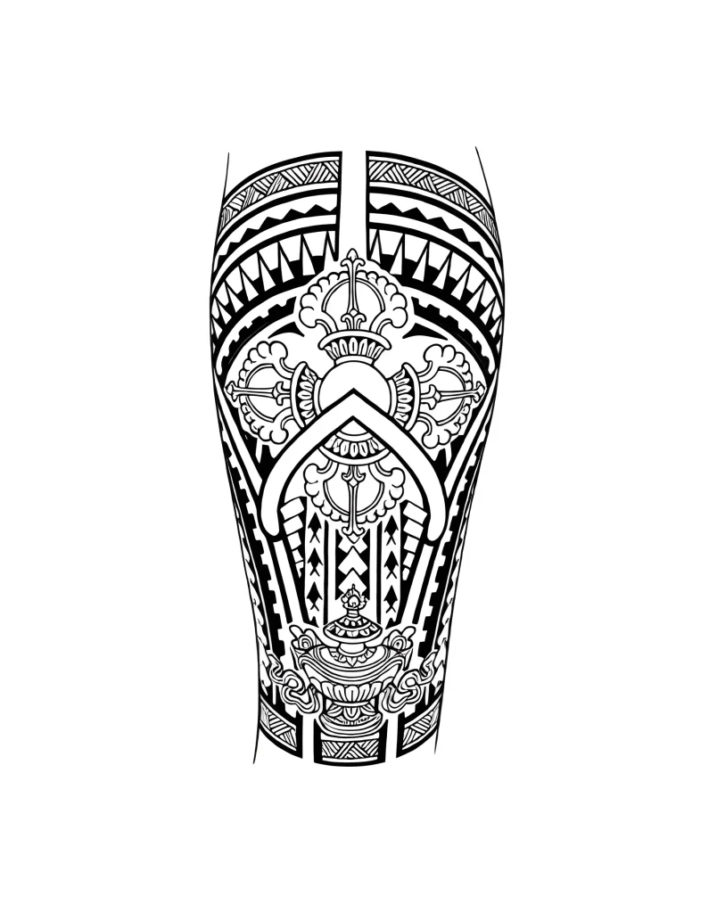 Black and white calf tattoo in Polynesian style with geometric shapes and spirals, symbolizing protection and spiritual strength.