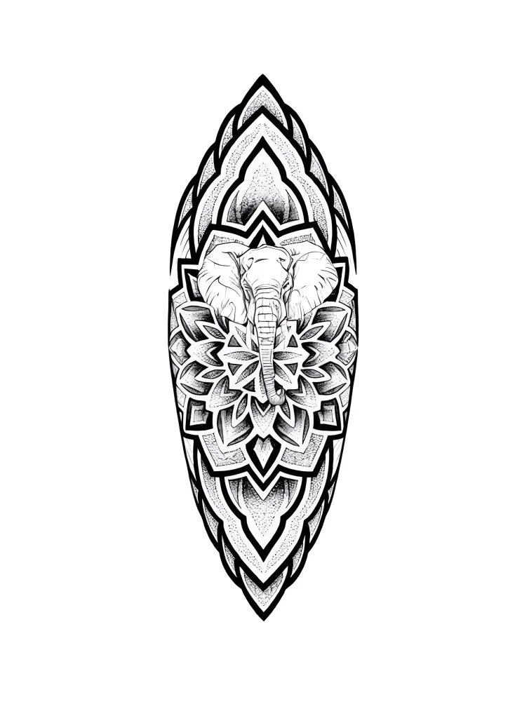 Black and white calf tattoo depicting an elephant in the center of a mandala, done in dotwork technique.