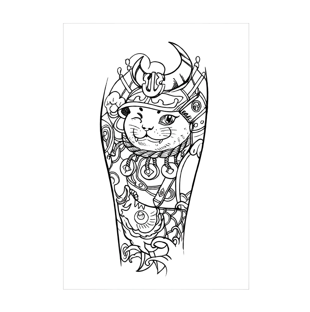 Black and white calf tattoo: cat in a samurai helmet, done in oriental graphic style with floral ornaments.