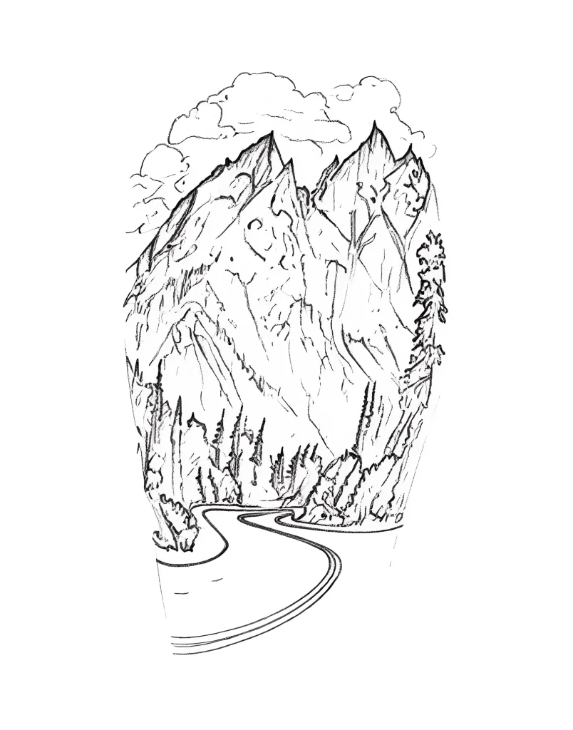 Black and white calf tattoo depicting a mountain landscape and a winding road, done in graphic style.