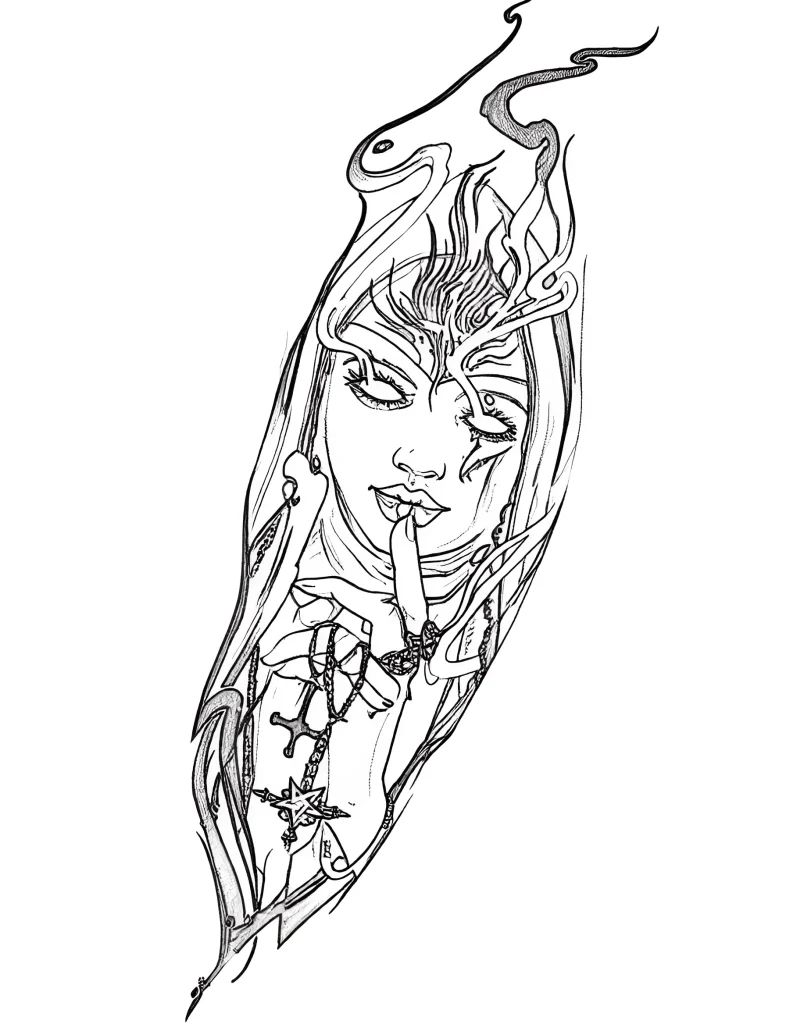 Black and white tattoo on the calf: portrait of a girl with long hair, with her finger to her lips, surrounded by abstract patterns and symbols.