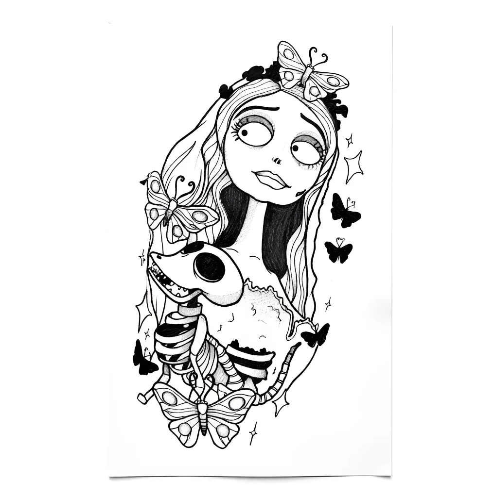 Black and white sketch of a tattoo on the calf depicting a character resembling a Tim Burton character, and a skeleton decorated with butterflies.