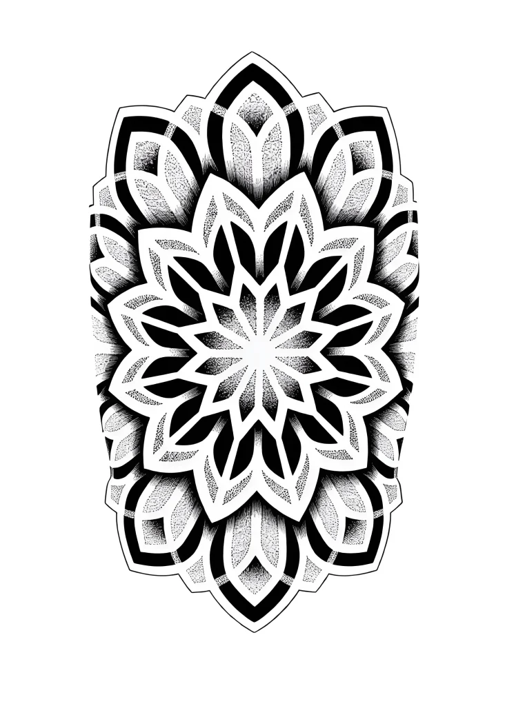 Black and white mandala tattoo on the calf, done in dotwork technique, with an emphasis on symmetry and detail.