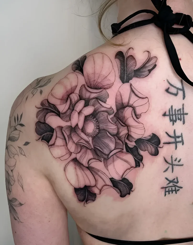 Black and white tattoo of peonies on the shoulder blade with hieroglyphs, done in graphic technique with detailed petal rendering.