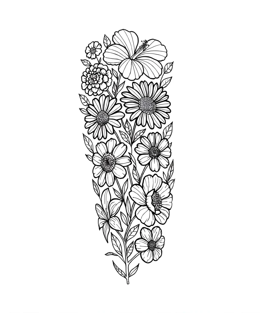 Black and white calf tattoo depicting various flowers: daisies, hibiscus, dahlias, and others, done in a graphic style.