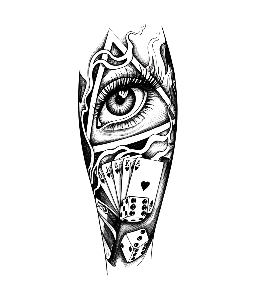 Black and white calf tattoo depicting an eye, playing cards, and dice, done in a graphic style.