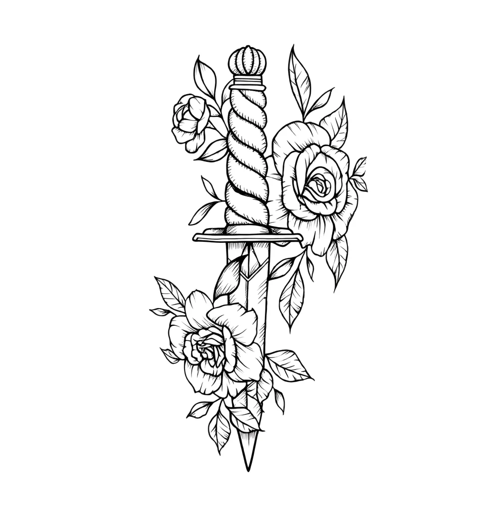 Black and white calf tattoo: stylized dagger entwined with rose buds, with detailed rendering of the blade and handle texture.