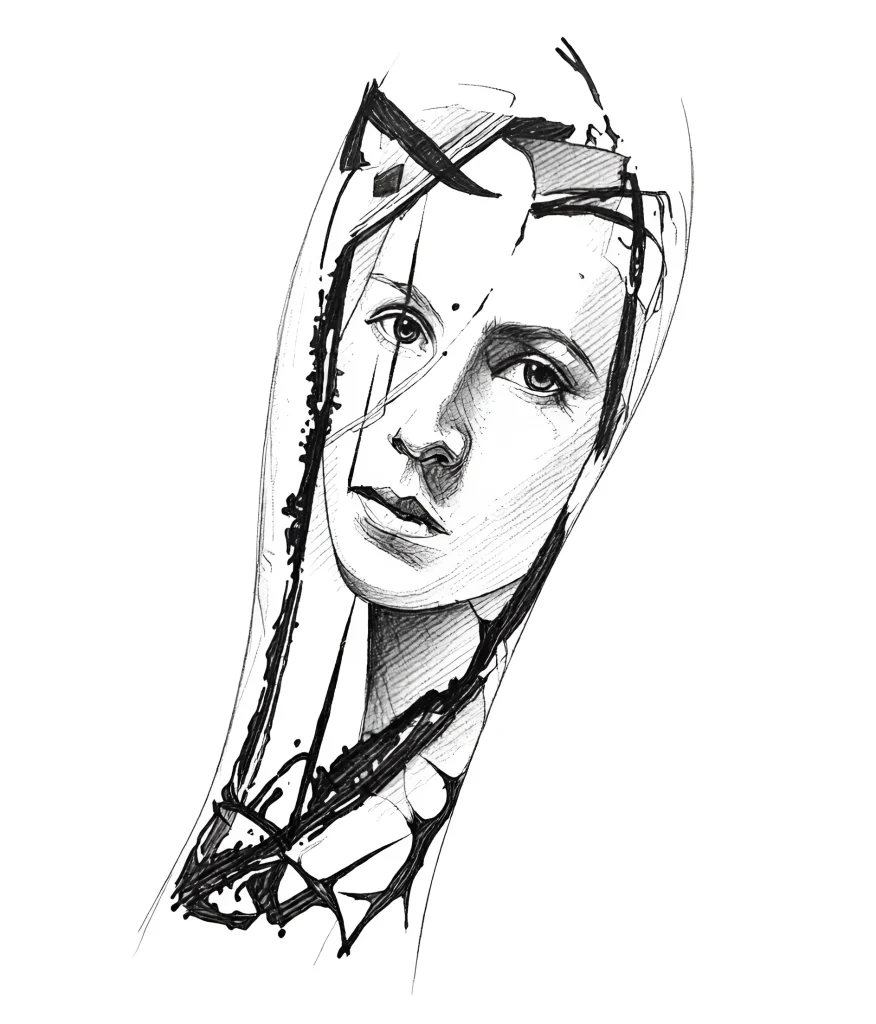 Black and white calf tattoo: portrait of a girl, done in sketchwork style with abstract elements.