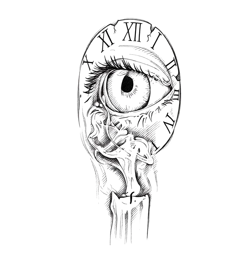 Black and white calf tattoo: realistic depiction of an eye surrounded by Roman numerals and a melting candle, done in graphic style.