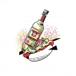 Яркая татуировка хот-дога с бутылкой соуса Malort, выполненная в стиле поп-арт с использованием точек и геометрических фигур.