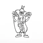 Эскиз татуировки хот-дога в стиле doodle art, держащего картофель фри, на белом фоне.