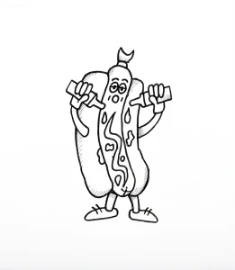 Эскиз татуировки хот-дога в стиле doodle art, держащего картофель фри, на белом фоне.