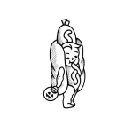 Эскиз татуировки хот-дога в стиле doodle, с забавным антропоморфным изображением сосиски в булочке и тыквой на Хэллоуин.