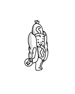 Эскиз татуировки хот-дога в стиле doodle, с забавным антропоморфным изображением сосиски в булочке и тыквой на Хэллоуин.